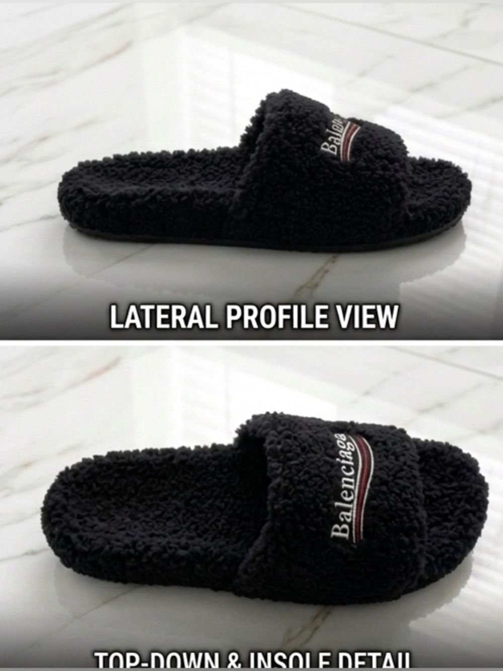 Balenciaga Black Fuzzy Slide Slippers with White & Red Logo - Picture 2 of 3